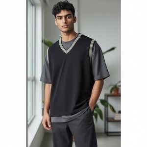 Vintage Y2K Vibes Black V Neck Striped Trim Jersey‎ Vest Size XL - NEW